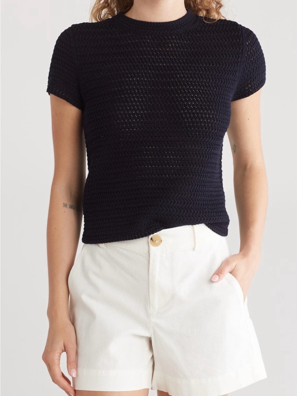 Vince Navy Crochet Short-Sleeve Crew Top T-Shirt